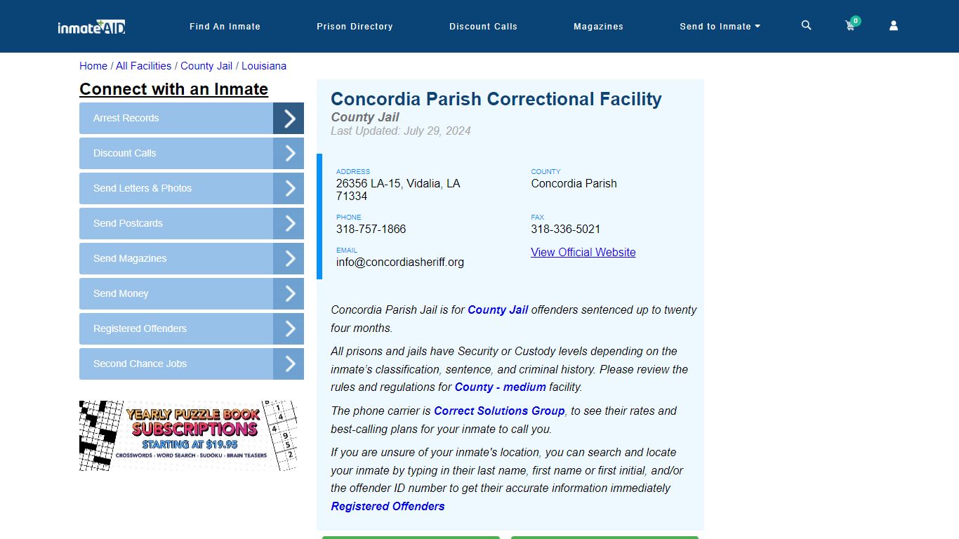 Concordia Parish Correctional Facility - Inmate Locator